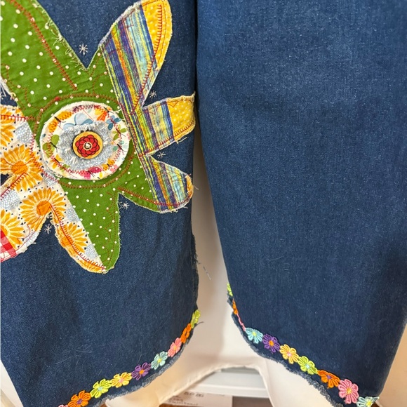 Upcycled  Denim Overalls with Colorful Patch Trim - Picture 13 of 16